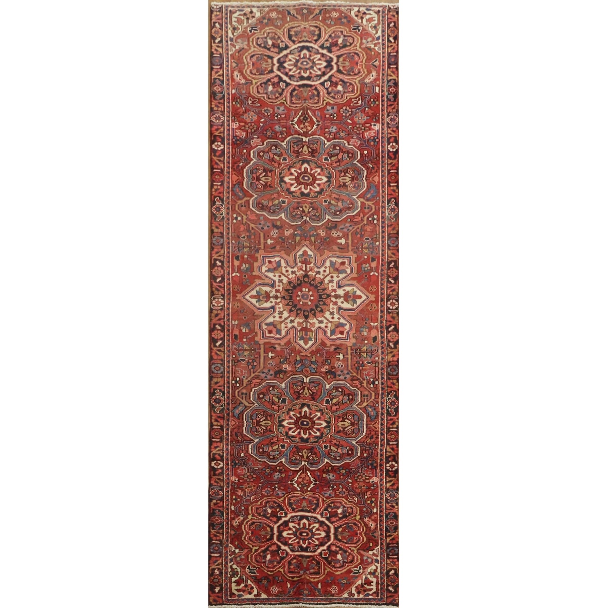 Hand Knotted Oriental 100% Wool Carpet Traditional Tribal Red Heriz Runner Rug - 10' 8'' X 3' 4''