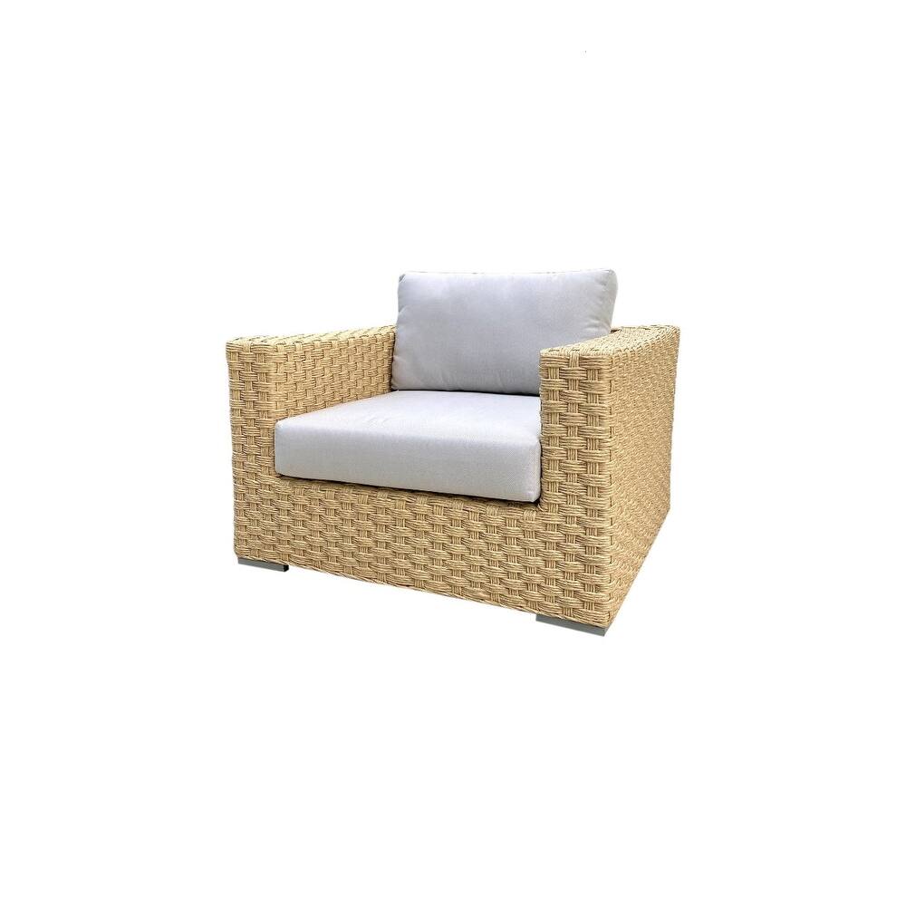 Malibu Patio Furniture Outdoor Club Chair Lightweight PE Wicker Includes Light Grey Cushions Tan Wicker