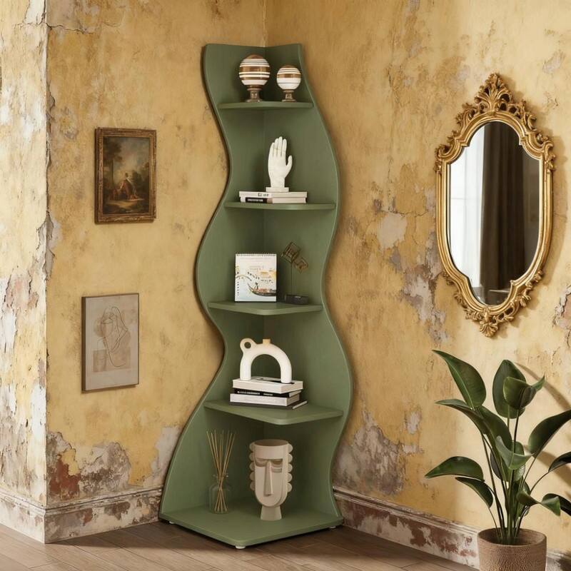 5-Tier Corner Wall Bookshelf - Storage Rack and Plant Stand - Sage Green