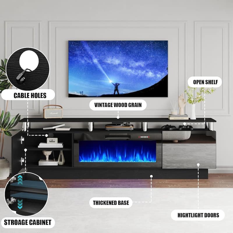 BOSSIN 80" TV Stand Entertainment Center with 36" Electric Fireplace, for TVs up to 90", High Gloss Cabinet with LED Light