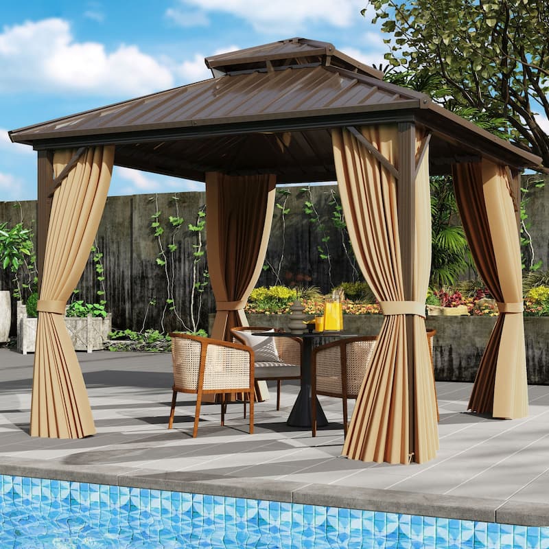 Coffee Galvanized Metal Aluminum Outdoor Gazebo with Mesh and Curtains