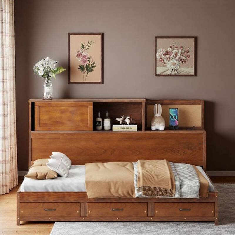 Full Size Wooden Daybed with 3 Storage Drawers, USB Ports, Pushable Shelf, and Soft Headboard - Full Walnut - Full