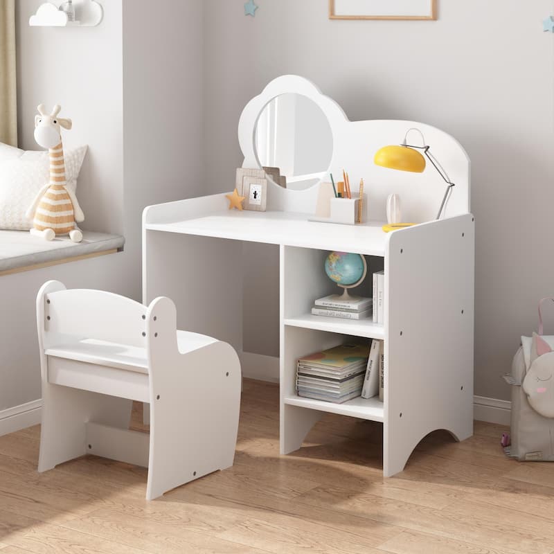 Anmytek Kids Wooden Vanity Table with Mirror and Chair Storage Shelves Multifunctional Study Activity Table