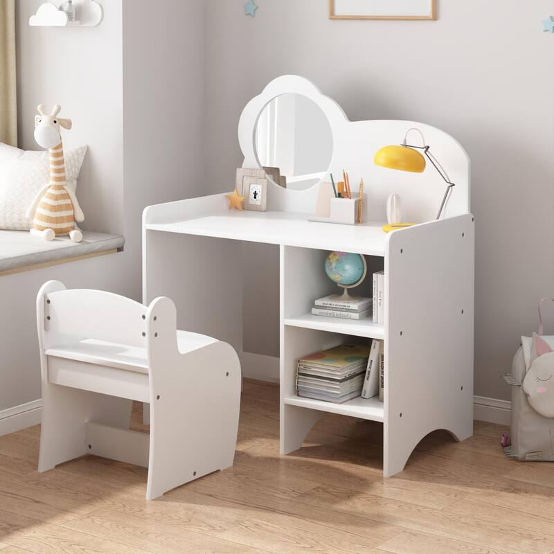 Kids Vanity Table with Mirror and Chair, Wooden Children's Dressing Makeup Desk with Storage Shelves, Study and Activity