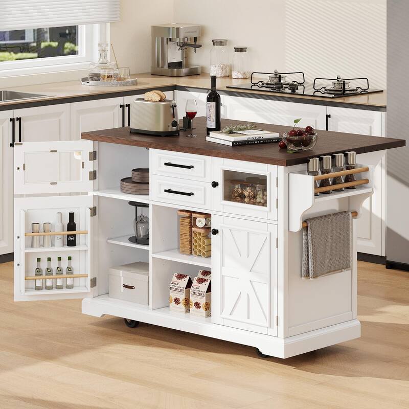 54.9" Kitchen Island with Drop Leaf, Power Outlet, Kitchen Storage Cart - White