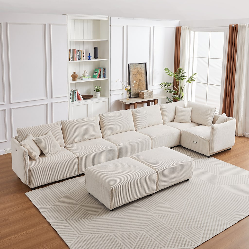 Modern Minimalist Corduroy Combination Sofa with USB & C Charging Ports, Two Sets