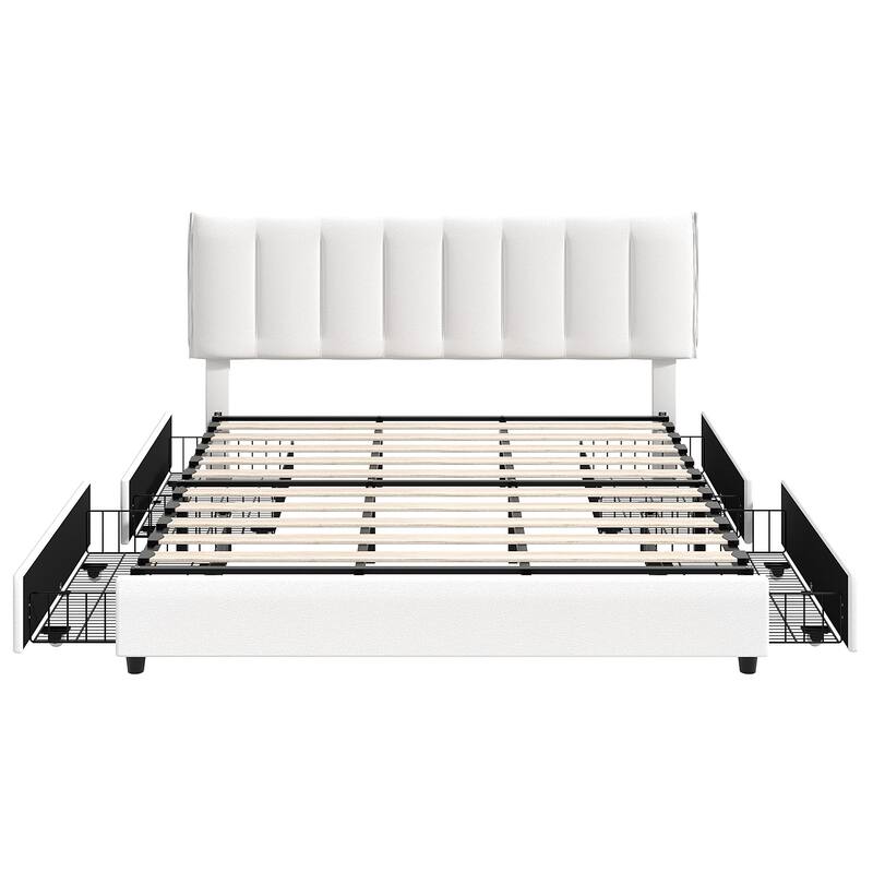 White Bed Frame with 4 Storage Drawers, Upholstered Platform Bed Frame with Adjustable Headboard