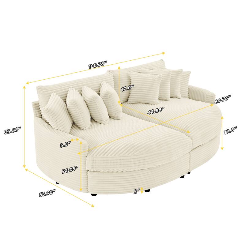Oversized Fan-shaped Corduroy Couch, 2-piece Sectional Sofa with 4 & 8 Throw Pillows