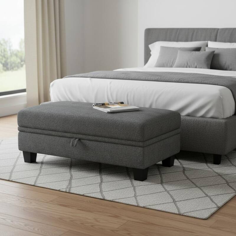 HomeRoots 46" Gray and Black Chenille Storage Ottoman - Light Gray