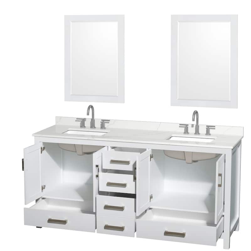 Sheffield 72-inch Double Vanity, 3 Hole Quartz Top, 24-inch Mirrors
