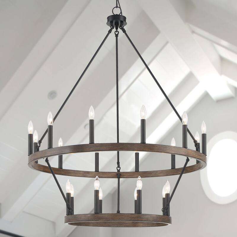 The Gray Barn Highclere Farmhouse 20-light Wagon Wheel Chandelier - 40"x40"x 47.83" - California Walnut/Classic Black