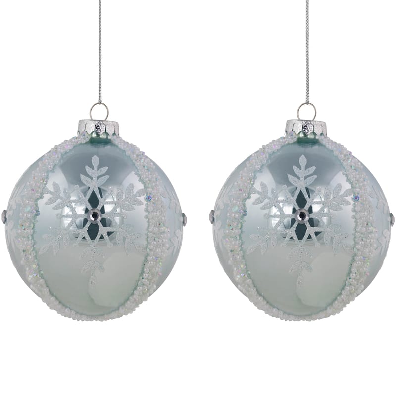 Set of 2 Sky Blue Glittered and Beaded Snowflake Glass Christmas Ball Ornaments 4"
