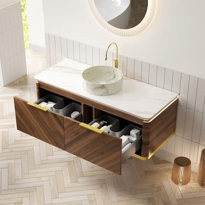 48" Floating Vanity with Smart Sensor Light, Stone Top and Vessel Sink