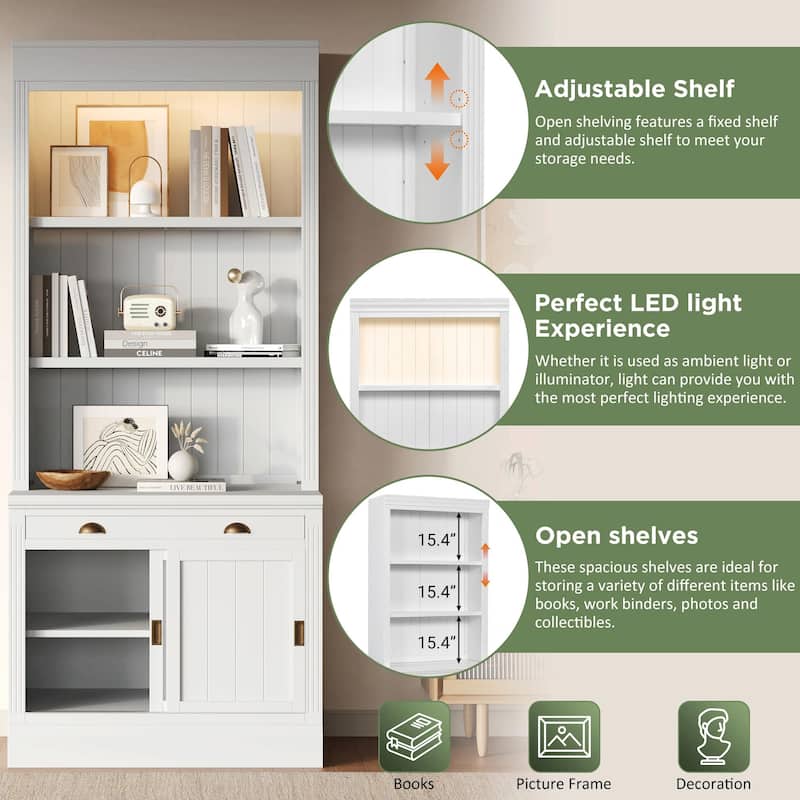 83.4" Tall Bookshelf with LED Lighting, Sliding Doors and Open Shelves