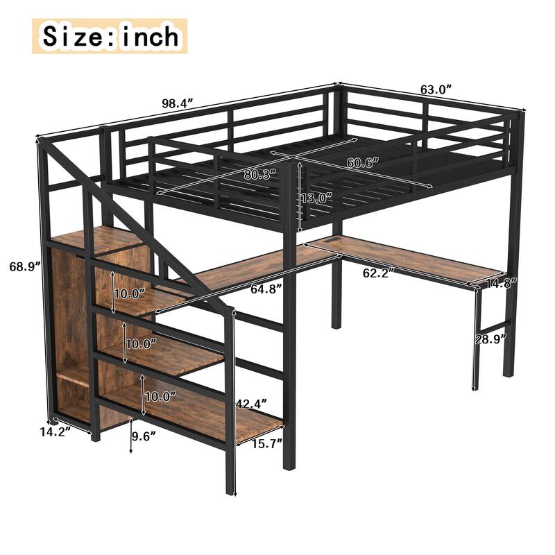 Queen Loft Bed with L-Shaped Desk - Metal Frame Features Wardrobe, Adjustable Shelf & USB/LED Lights