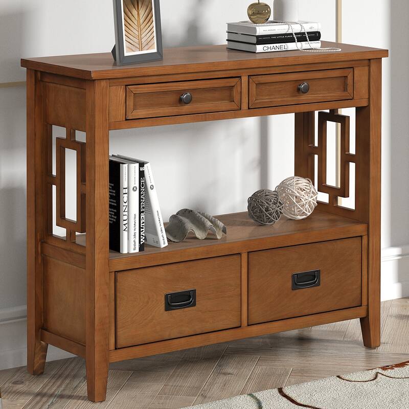 36'' Pine Entryway Table Console Table with 4 Drawers & Open Shelf, Farmhouse Side Table Sofa Table for Entryway Living Room