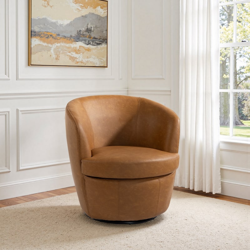 Modern Swivel Leather Accent Chair Upholstered Barrel Chair - Brown