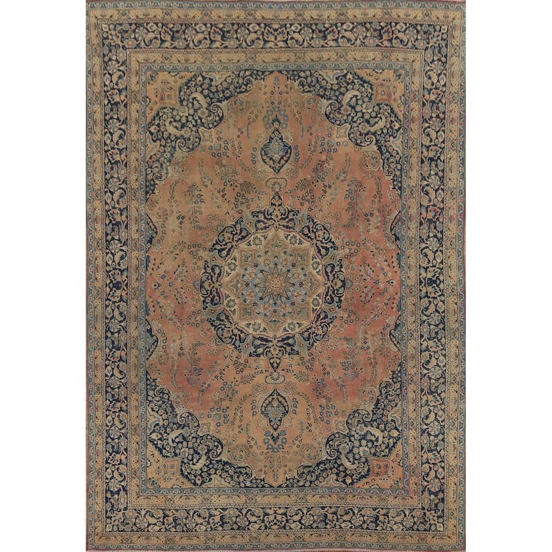 Traditional Mashad Persian Vintage Area Rug Hand-Knotted Wool Carpet - 9'5"x 12'5"