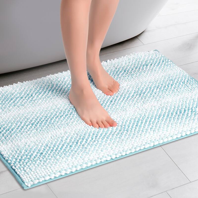 Chenille Bathroom Rug, Soft and Absorbent Bath Mat Non-Slip Striped Rug Luxury Plush Shaggy Bath Mat - Lake Green - 20" x 32"