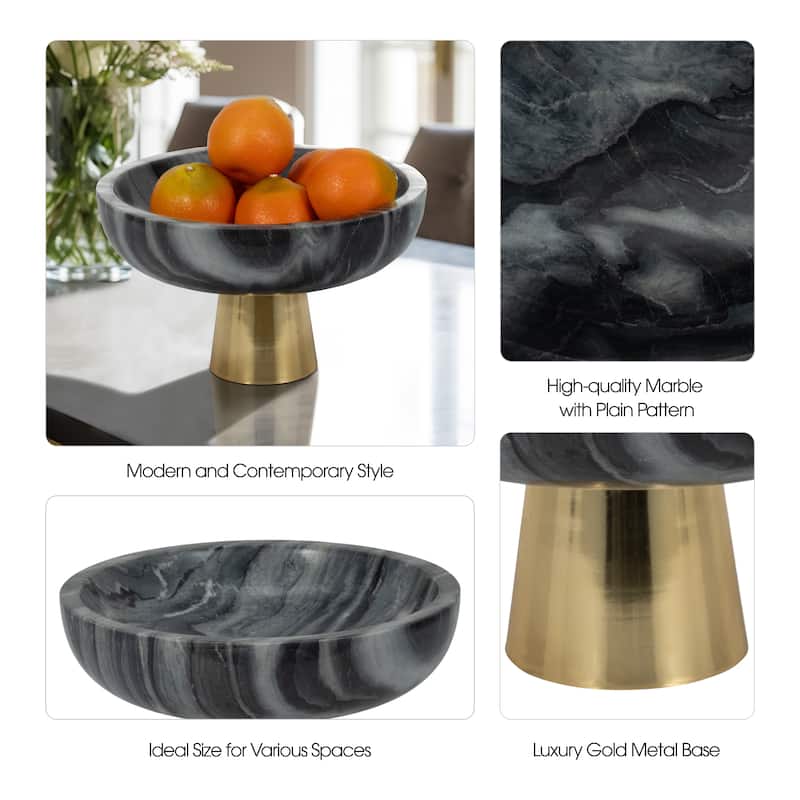 Sagebrook Home 12" Dazey Grey Marble Bowl, 7"H, Gold Base - 12" x 12" x 7"
