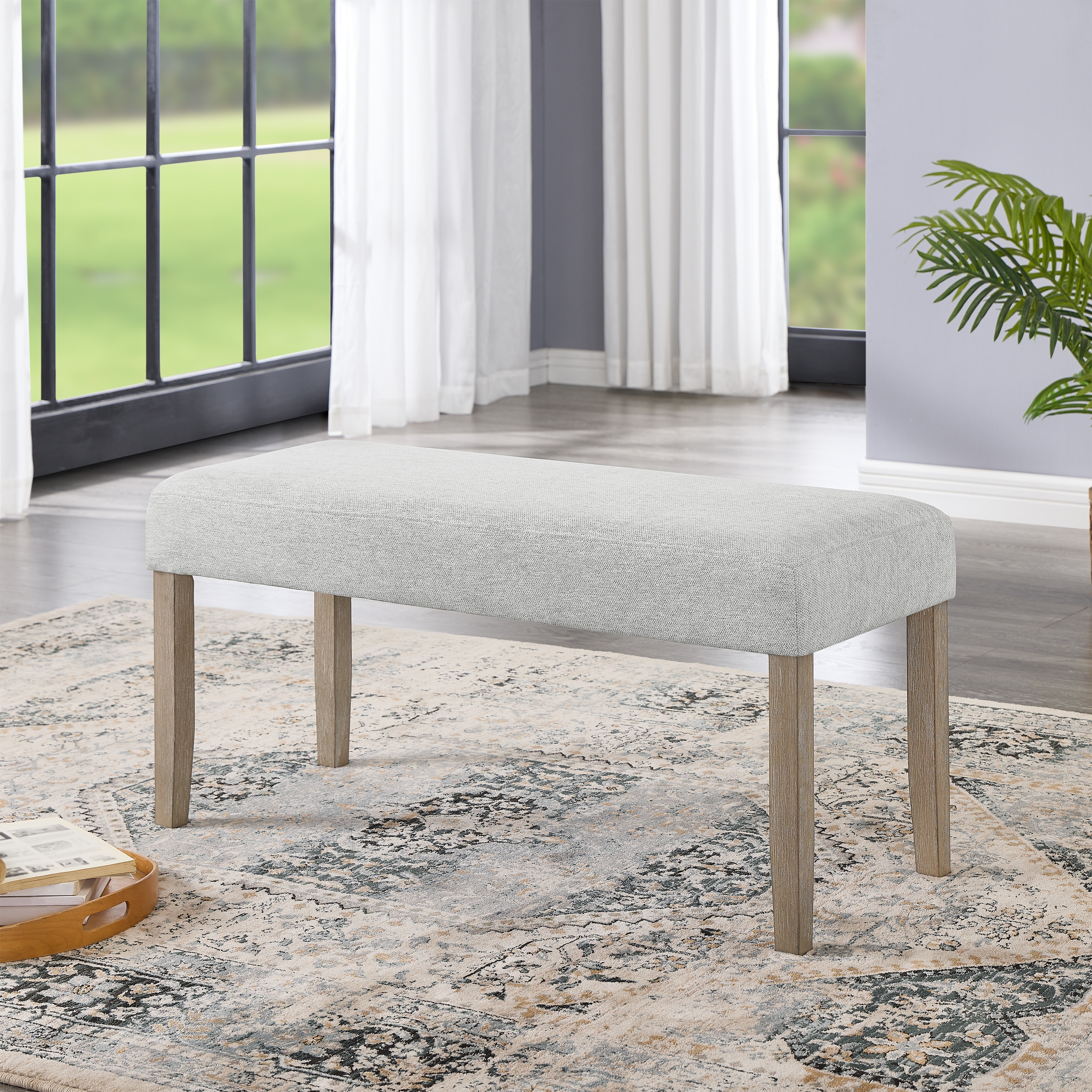 Upholstered Bench, Light Gray Fabric with Rubberwood Legs