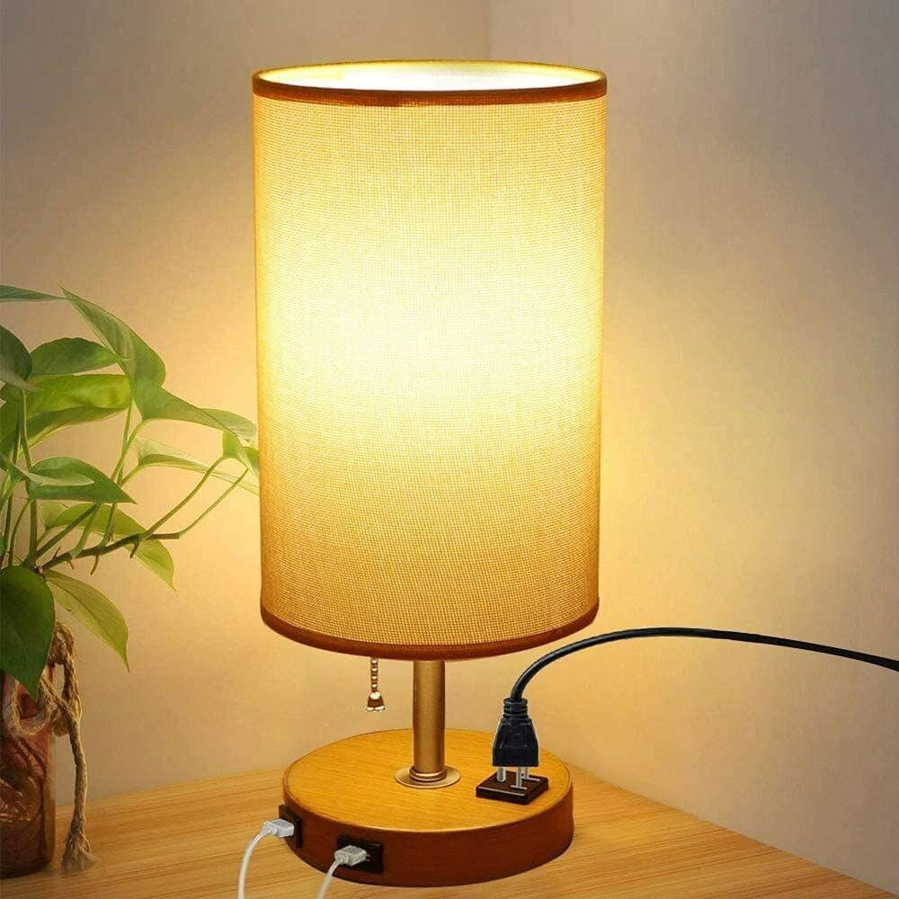 Table Lamp with 2 USB Charging Ports Yellow Nightstand Lamp Pull Chain