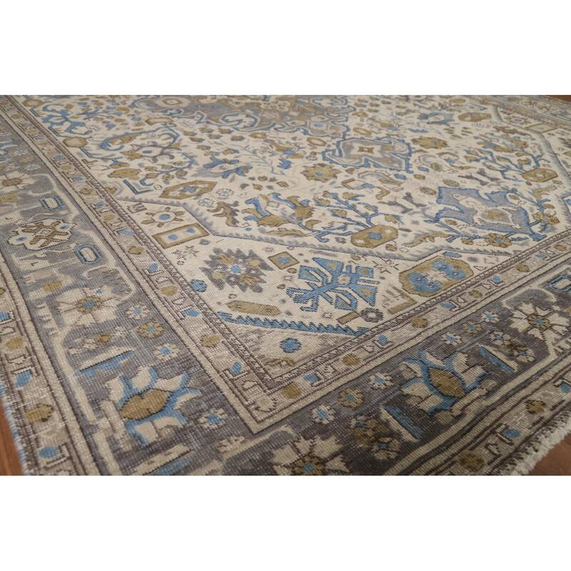 Hand Knotted Oriental 100% Wool Carpet Traditional Floral Beige & Ivories Tabriz Area Rug - 9' 7'' X 6' 6''