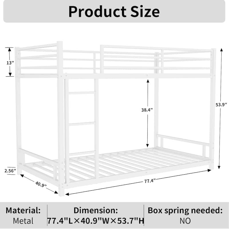 Roomfitters Metal Twin over Twin Bunk Bed, Heavy-duty Sturdy Metal, Noise Reduced, Safety Guardrail, No Box Spring Needed