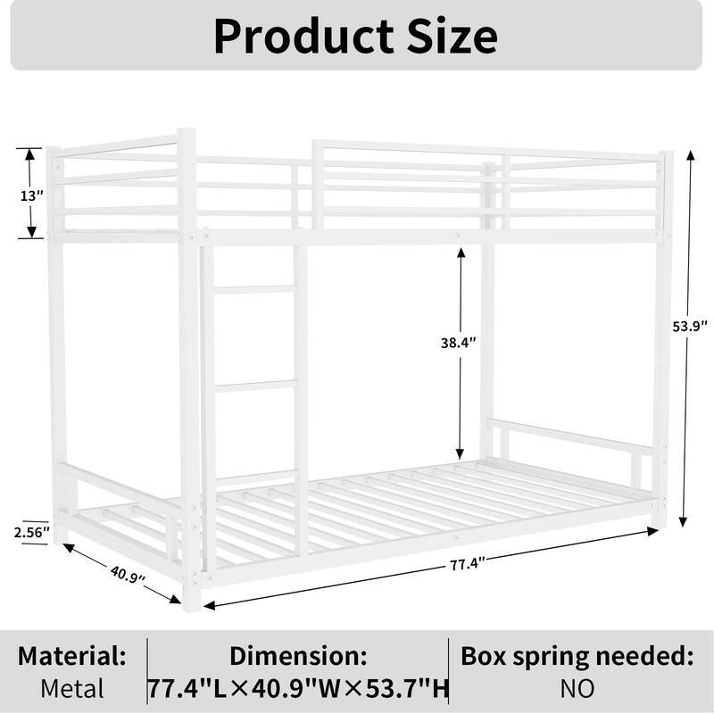 Sturdy Metal Twin over Twin Bunk Bed with Safety Guardrail, Noise Reduced, No Box Spring Needed, White