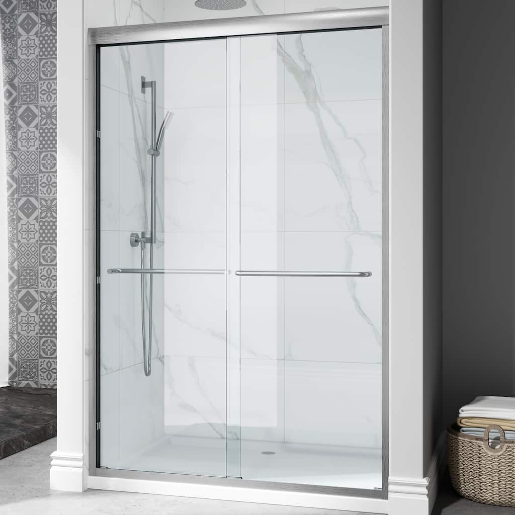 HOROW 44 to 48 Inch Wide 72 Inch High Double Sliding Semi Frameless Shower Door in Brushed Nickel with Clear Glass