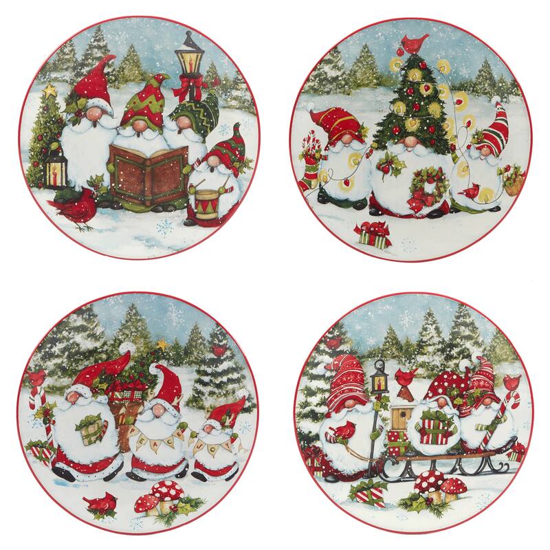 Certified International Christmas Gnomes 9" Salad/Dessert Plates, Set of 4 Assorted Designs - 9-inch