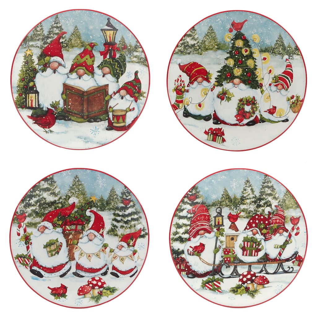 Certified International Christmas Gnomes 9" Salad/Dessert Plates, Set of 4 Assorted Designs - 9-inch