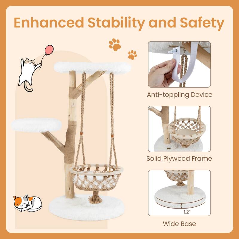 Costway 48.5” Solid Wood Cat Tree with Hanging Cradle Jute Scratching - as pic shows - See Details