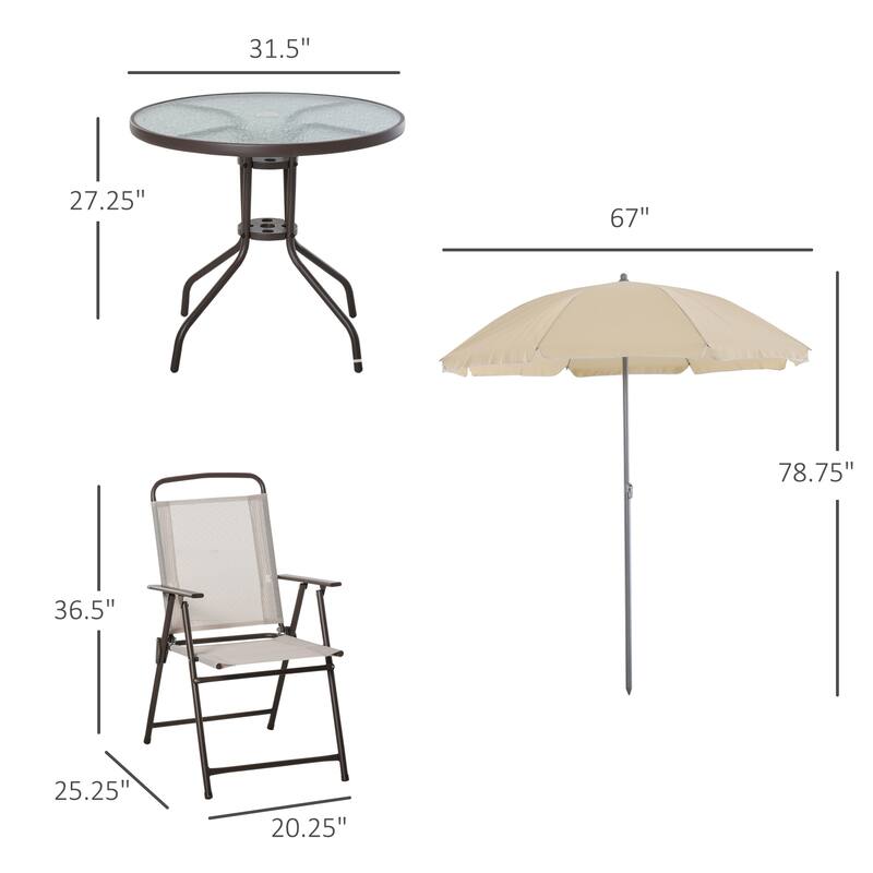 6 Piece Patio Dining Set, Dining Table with Umbrella, Garden Outdoor Table Chairs with Glass Table and 4 Folding Chairs