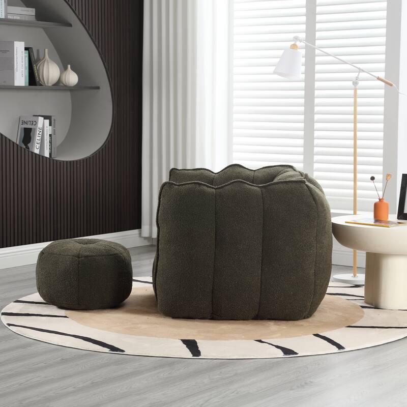 Extra-Large Chenille Bean Bag Chair with Footstool, Comfy Bean Bag Sofa for Adults, High Resilient Foam Square Lazy Sofa - Olive Green