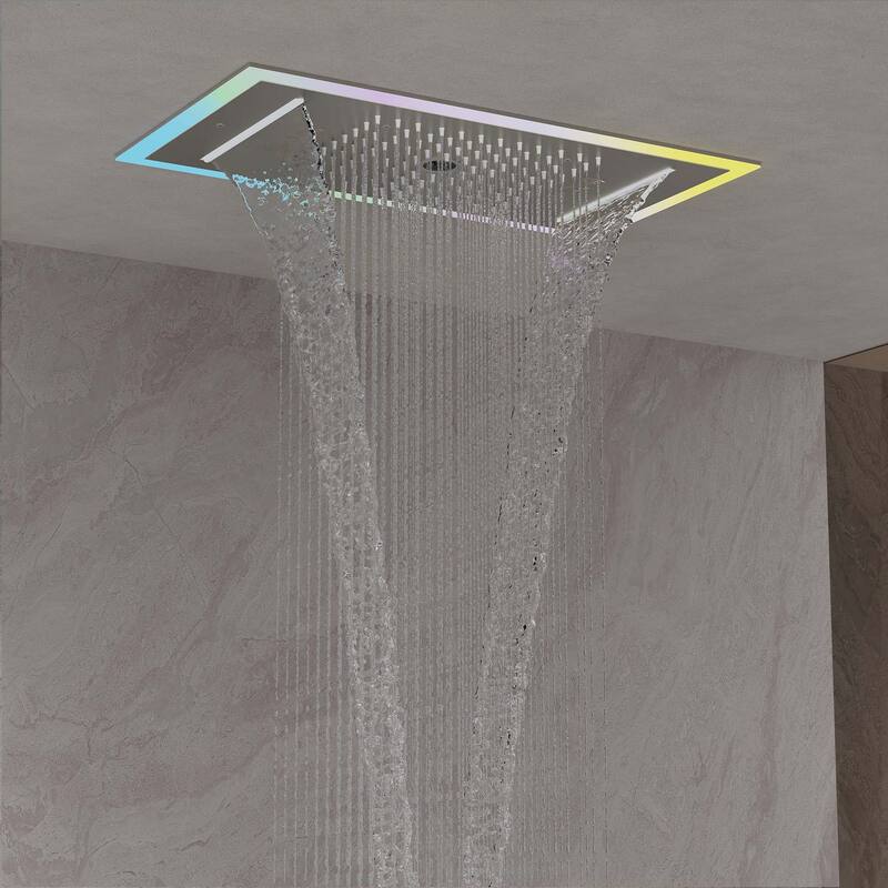 GRANDJOY Thermostatic Triple-Function LED Rain and Waterfall Shower System with Handheld and Built-In Music