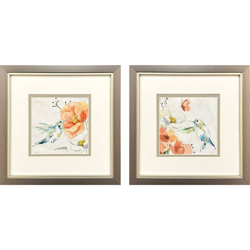 HomeRoots Set Of Two Floral Hummingbird Silver Framed Wall Art
