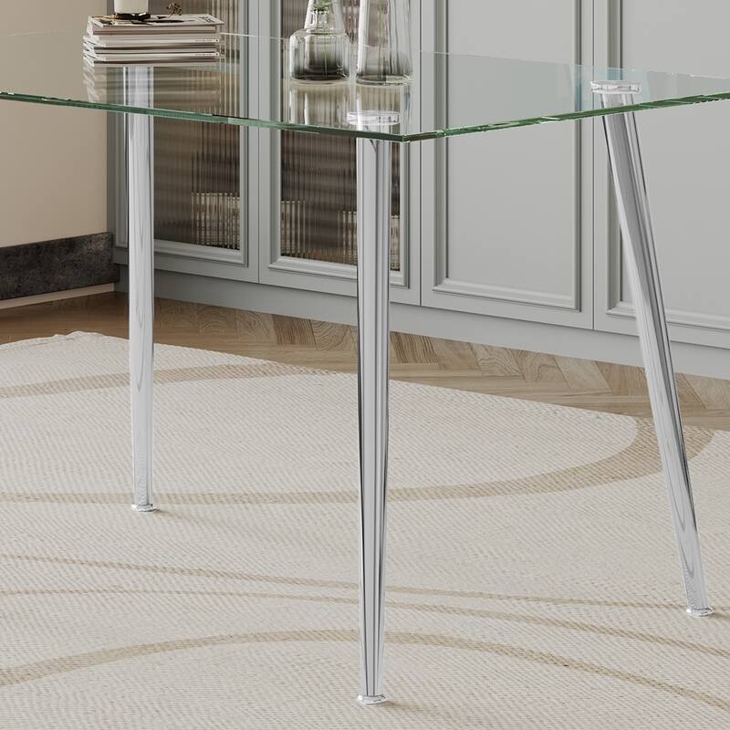 0.32" Thick Tempered Glass Top Dining Table with Silver Stainless Steel Legs Suitable for Dining Room Kitchen