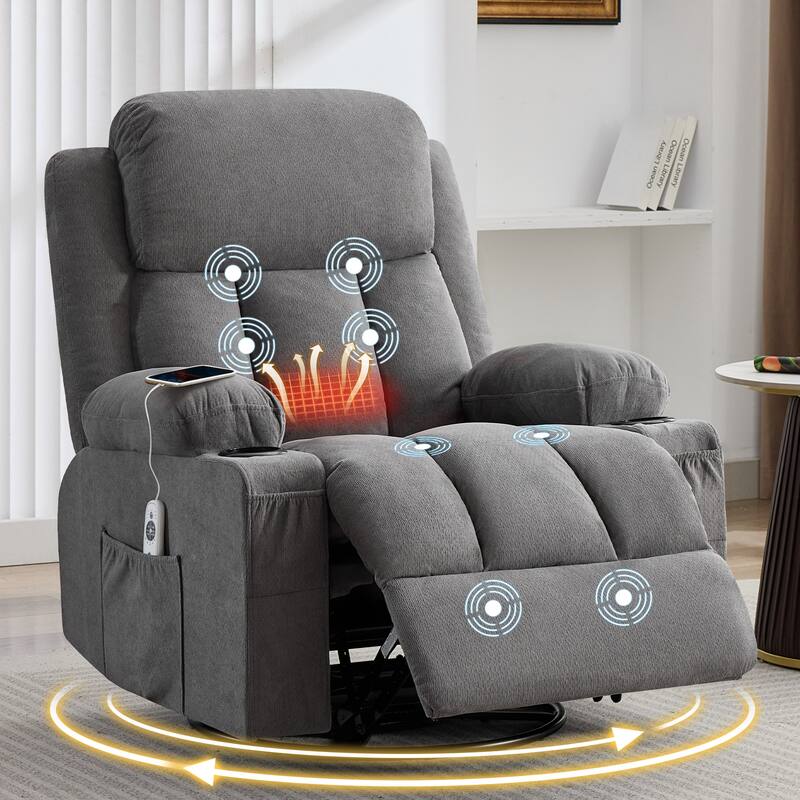 Anmytek Swivel Rocker Recliner with Heat and Massage USB Charging Port and 2 Cup Holders - Grey
