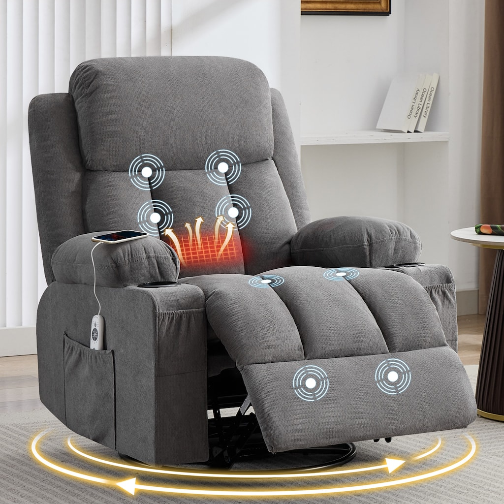 Swivel Rocker Recliner Chair with Vibration Massage and Heat, with Rocking and Side Pocket, USB Charge Port, 2 cup holders