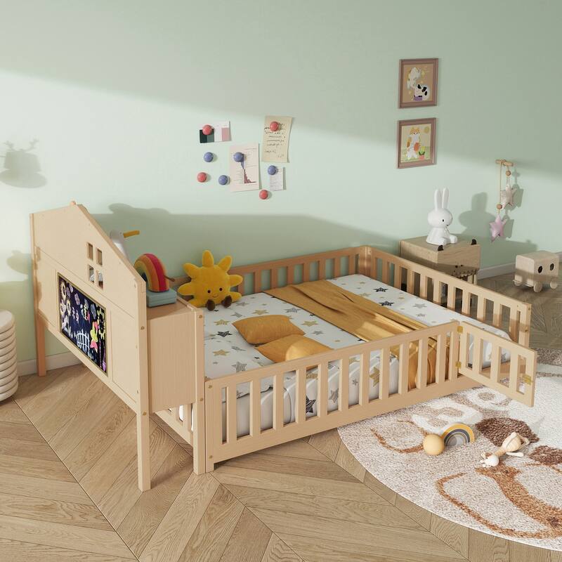 Full-Size Montessori Floor Bed with Bookcases, Blackboards, and Storage Headboards for Kids and Teens