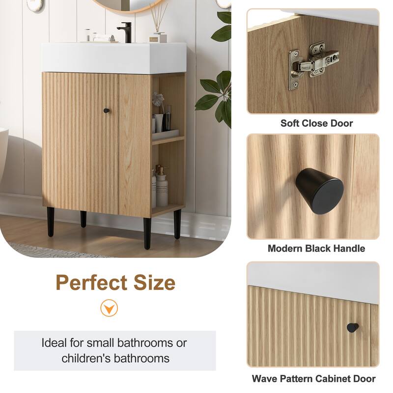 Wood Bathroom Vanity with Sink, Freestanding Single Basin Cabinet, Bathroom Cabinet with Textured Front & Side Storage Shelf