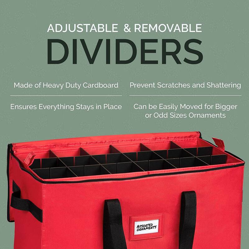 Christmas Ornament Storage Container - Heavy Duty 600D Tear Resistant Material, Zippered, Adjustable Dividers