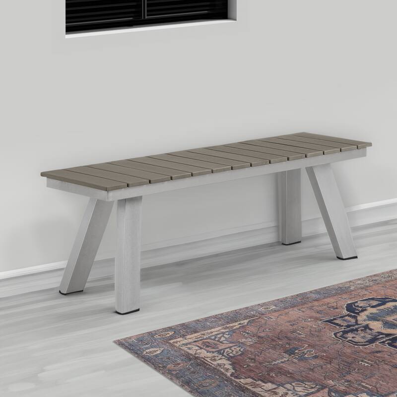 Zia 54 Inch Outdoor Dining Bench, Gray Polyresin Top, Gray Aluminum Frame