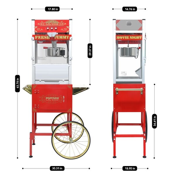 20 oz Vintage Popcorn Machine Trolley with Tempered Glass and