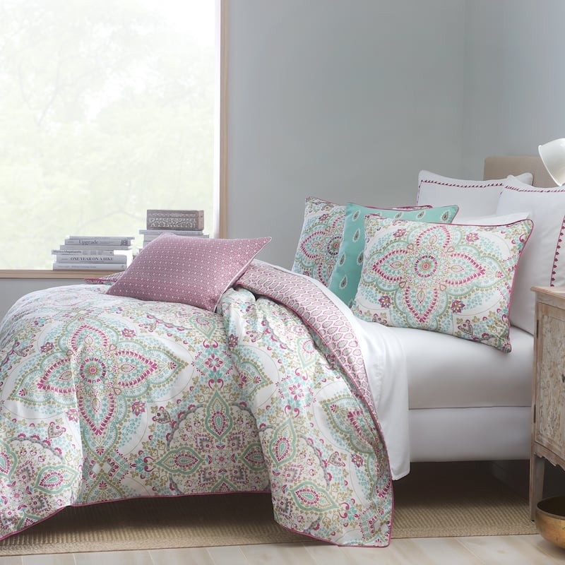 Jaipur Reversible Percale Cotton Comforter Set Magenta/Blue - Heirlooms of India - Full - Queen - Magenta/Blue