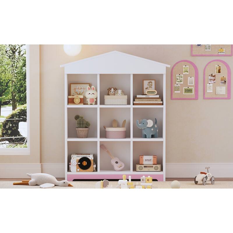 House shaped Storage Rack with Nine Storage Compartments,Three layer Bookshelf with Colorblock Design