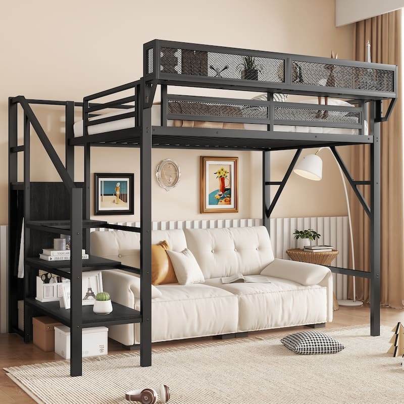 Metal Loft Bed with Wooden Stairs Built-in Storage Shelves and Wardrobe, High Loft Bed Frame with Side Grid Storage Rack