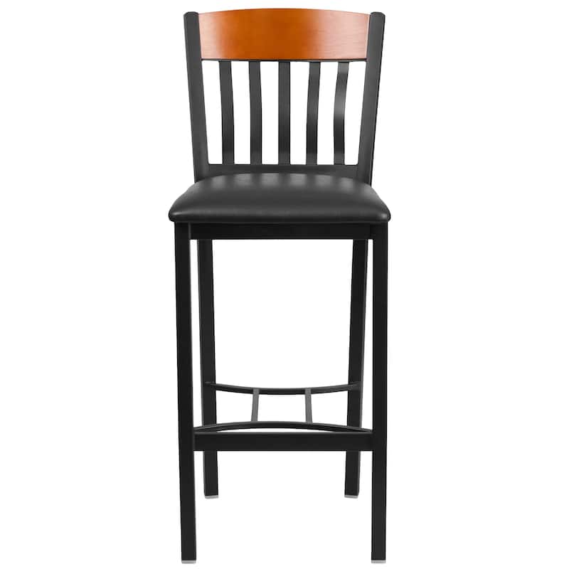 Vertical Back Metal and Wood Restaurant Barstool with Vinyl Seat