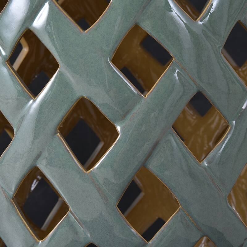 Patio Decorative End Table, Ceramic Garden Table with Woven Lattice Design & Glazed Strong Materials, Green